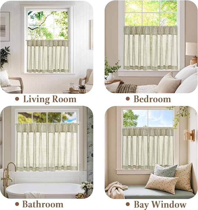 jinchan Linen Pinch Pleated Back Tab Tier Curtains, 26x30, 2 Panels, Beige | Light filtering,small window treatment,cafe curtains,machine washable,farmhouse,kitchen,bathrooms,laundry