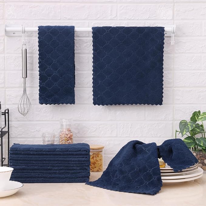 Homaxy 12 Pack Dish Towels for Kitchen (10 x 20 Inches, Navy Blue), Super Soft and Absorbent Coral Velvet Dish Cloths for Washing Dishes, Nonstick Oil Fast Drying Microfiber Cleaning Cloth