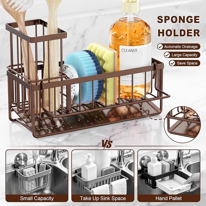 Sponge Holder for Kitchen Sink, Kitchen Sink Caddy, Kitchen Sink Sponge Holder, Dish Sponge Holder, Kitchen Sink Organizer for Sponge, Dish Brush, Scrubber(9.65" x 3.74" x 6.3", Brown)