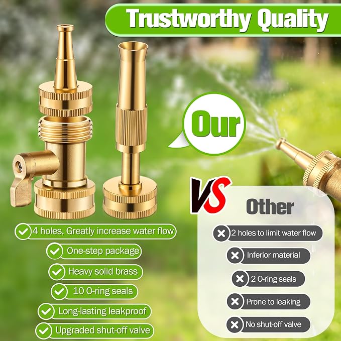 3 Pcs Brass Hose Nozzle Kit, Adjustable Twist Garden Hose Nozzle with High Pressure Jet Spray, Brass Shut off Valve, 10 Rubber Washers, 3/4 Inch Ght for Watering Plants, Car Wash, Cleaning