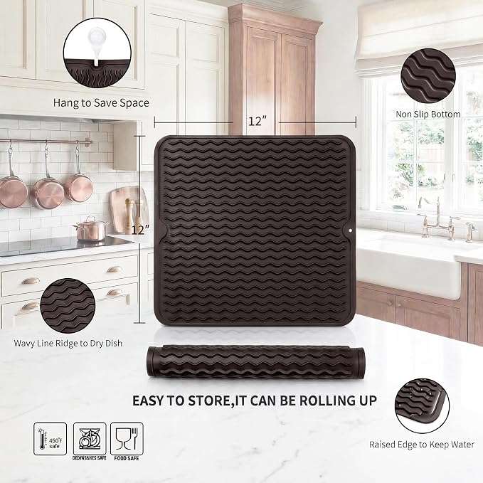 MicoYang Silicone Dish Drying Mat for Multiple Usage,Easy clean,Eco-friendly,Heat-resistant Silicone Mat for Kitchen Counter or Sink,Refrigerator or Drawer liner Coffee M 12 inches x 12 inches