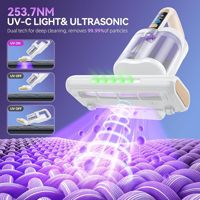 Mattress Vacuum Cleaner, 20Kpa Suction Bed Vacuum Cleaner with 253.7nm UV-C Light, 140°F Heated Air, 30000 RPM Brushroll, 40,000Hz Ultrasonic, HEPA Filter, for Bed, Sofa, 500W Corded (White)