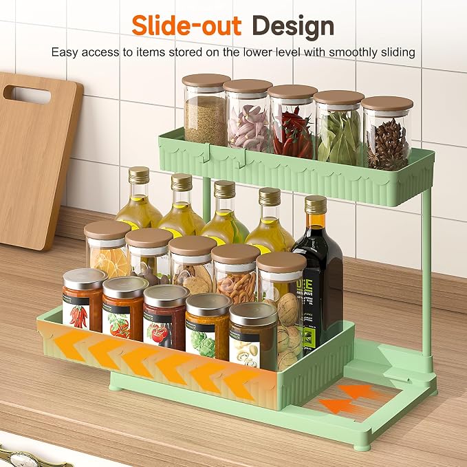 Sevenblue 3 Pack Multi-Purpose Pull-Out Storage Organizers, 2-Tier L-Shaped Under Sink/Cabinet Organizers and Storage for Bathroom & Kitchen,Green,14.85 Inch