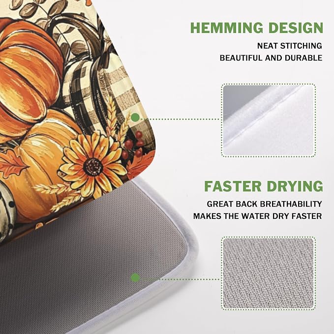 Fall Orange Pumpkin Dish Drying Mat for Kitchen Counter 16 x 18 Inch Autumn Maple Leaf Dish Drainer Mat Absorbent Microfiber Thanksgiving Harvest Dish Rack Pad for Coffee Dining Bar Decor