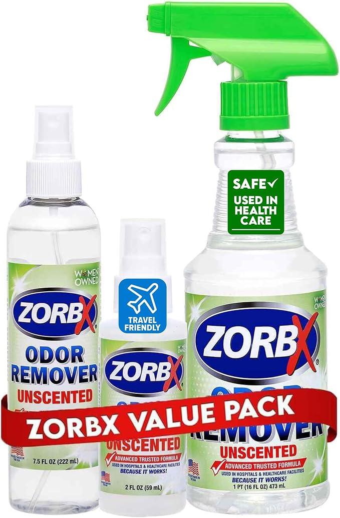 ZORBX Unscented Odor Eliminator Spray Set, 16+7.5+2 Oz, Hospital-Grade | Permanent Odor Remover for Pet & Human Urine, Smoke & Strong Odors, Carpet, Upholstery, Mattress, Bathroom, Basement & More