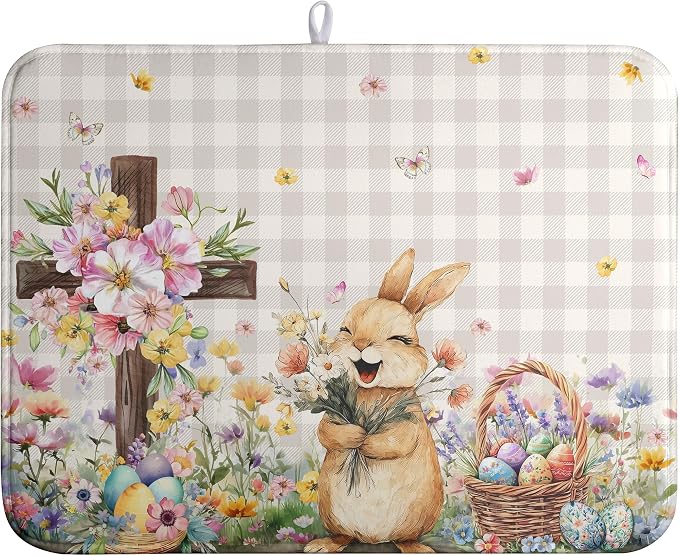 Easter Bunny Dish Drying Mats Spring Floral Dish Mat Easter Cross Eggs Drying Matt Dishes Dryer Pad for Kitchen Counter Absorbent Microfiber Washable Foldable Reusable 18x24 in