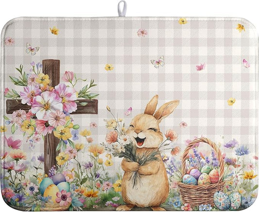 Easter Bunny Dish Drying Mats Spring Floral Dish Mat Easter Cross Eggs Drying Matt Dishes Dryer Pad for Kitchen Counter Absorbent Microfiber Washable Foldable Reusable 18x24 in