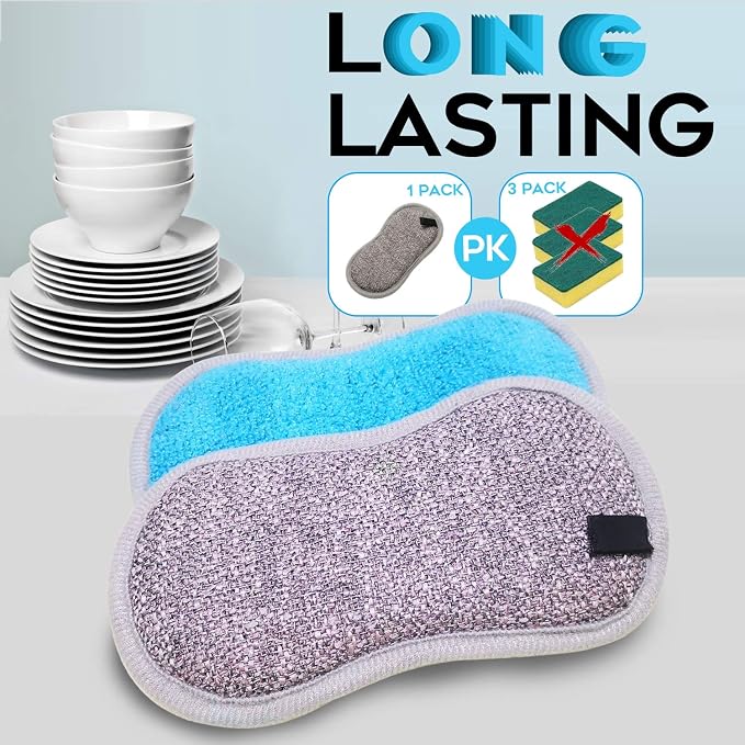 Dual Sided All-Purpose Sponges Kitchen,Dish Sponge for Washing Dishes Cleaning Kitchen,Non Scratch,Rough Scrubbers for Non-Stick Cookware, Soft Microfiber Scrub for Dishes(Bule,6Pack)