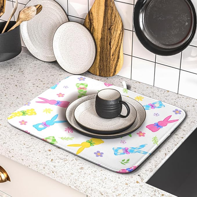 Easter Dish Drying Mat for Kitchen Counter Cute Bunny Floral Holiday Microfiber Absorbent Dish Draining Reusable Washable Foldable 16"x18"