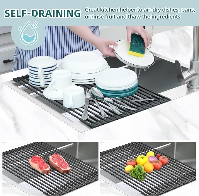 Ohuhu Over The Sink Dish Drying Rack, 20.5" W x 13.1" L Rolling Dish Drainer Foldable Sink Accessories Heat-Resistant Mat Anti-Slip Silicone Coated Dish Racks for Kitchen Counter