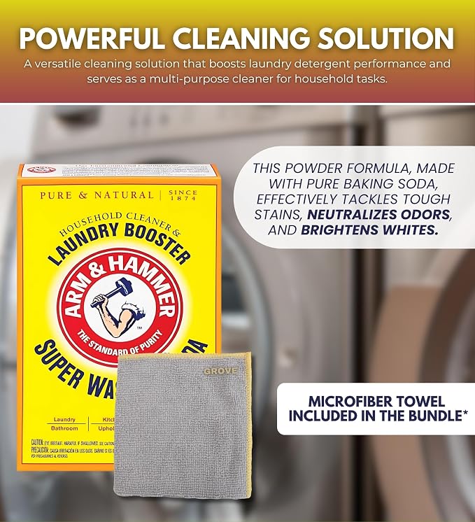 Detergent Booster and Household Cleaner Powder 55 oz Bundle with Microfiber Cloth - Enhances Laundry Detergent Power - Cleans Bathtubs, Microwaves, and More - (2 Items)