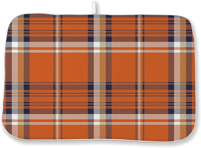 Fall Plaid Dish Drying Mat 18x24 Inch Autumn Orange Blue Buffalo Plaid Drying Mat for Kitchen Counter Absorbent Farmhouse Harvest Thanksgiving Dishes Dry Pad for Drainer Rack Kitchen Fast Dry