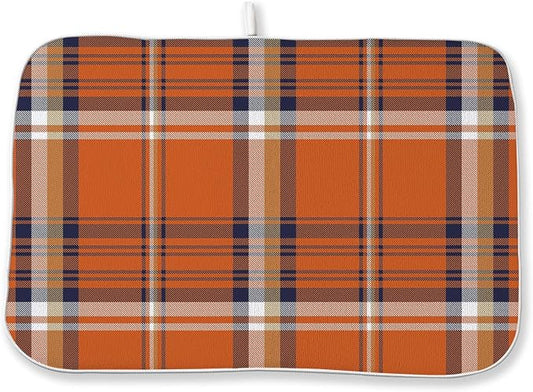 Fall Plaid Dish Drying Mat 18x24 Inch Autumn Orange Blue Buffalo Plaid Drying Mat for Kitchen Counter Absorbent Farmhouse Harvest Thanksgiving Dishes Dry Pad for Drainer Rack Kitchen Fast Dry