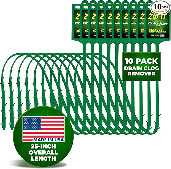 Zip-it Hair Clog Remover, 25-inch Drain Unclogger Tool for Shower, Tub & Sink In Seconds - Reusable Snake D Hair Removal Tool, Flexible Snake Non-toxic - Green (10-Pack)