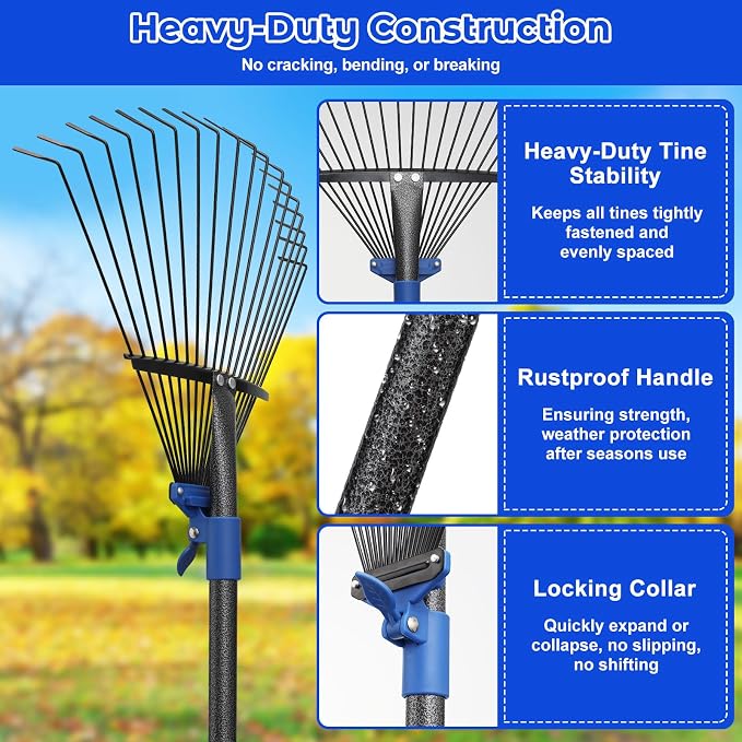 Garden Leaf Rake Set: 18 Tines Adjustable Rake, 2 Leaf Scoops, 32Gallon Leaf Bag, Metal Leaf Rakes with 8-17" Expandable Head, 60” Long Handle, Heavy Duty for Women Kids Lawn Yard Leaves Raking