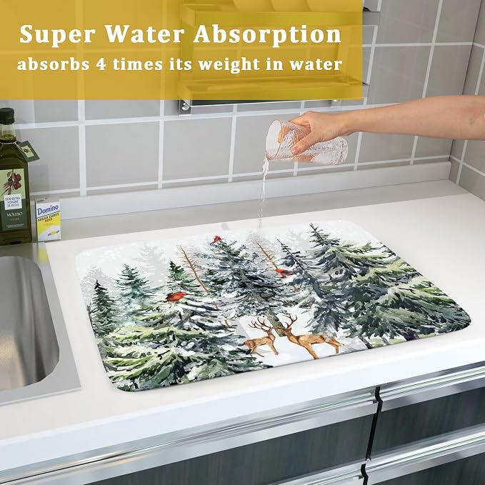 Pine Tree Dish Drying Mat for Kitchen Counter 18x24 Inch Forest Deer Absorbent Dishes Drainer Mats Reversible Microfiber Quick Dry Rack Pad