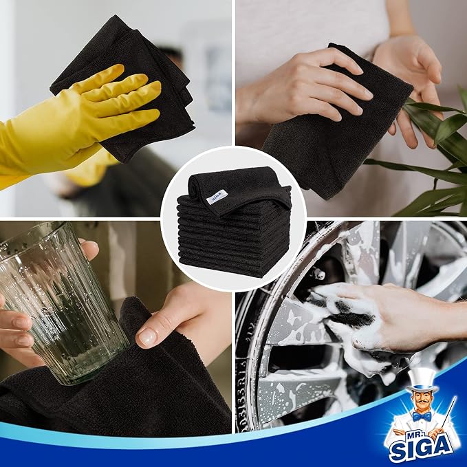 MR.SIGA Microfiber Cleaning Cloths, Streak Free Microfiber Towels, 12 Pack | All-purpose microfiber cloths, ultra absorbent, reusable household cleaning towels, Black, 32 x 32 cm(12.6 x 12.6 inch)