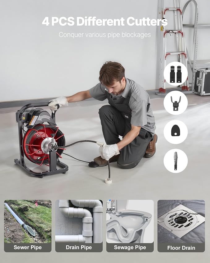 VEVOR Drain Cleaner Machine 50 FT x 5/16 Inch, Auto Feed Sewer Snake Auger with 4 Cutters & Air-Activated Foot Switch for 2" to 4" Pipes