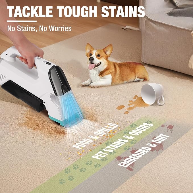 HAUSHOF 12V Cordless Handheld Carpet Cleaner, 6.5KPa Suction | 2 Water Tanks, Type-C Charging, Spot & Stain Cleaner, Portable Design for Carpet, Upholstery, Stairs & Car
