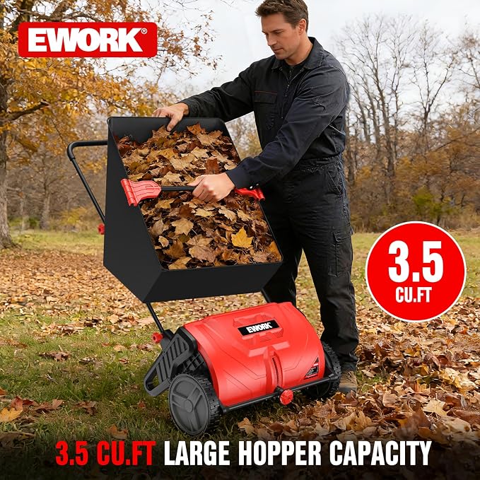 EWORK Push Lawn Sweeper, 26-INCH Leaf Sweeper for Lawn Push with 3.5 cu.ft.Hopper Bag, Adjustable Brush Height, Lightweight Walk Behind Lawnsweeper & Leaf Collector for Yard & Garden Clean