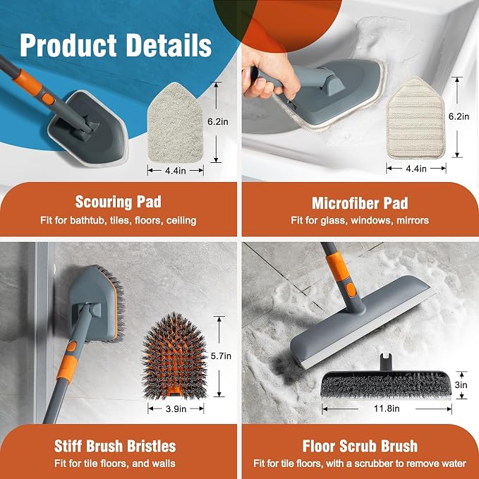 CLEANHOME Floor Scrub Brush Tile Tub Scrubber Brush | 4 Different Cleaning Heads, Shower Brush, 56" Extendable Long Handle, For Kitchen, Bathroom, Tub, Tile, Wall