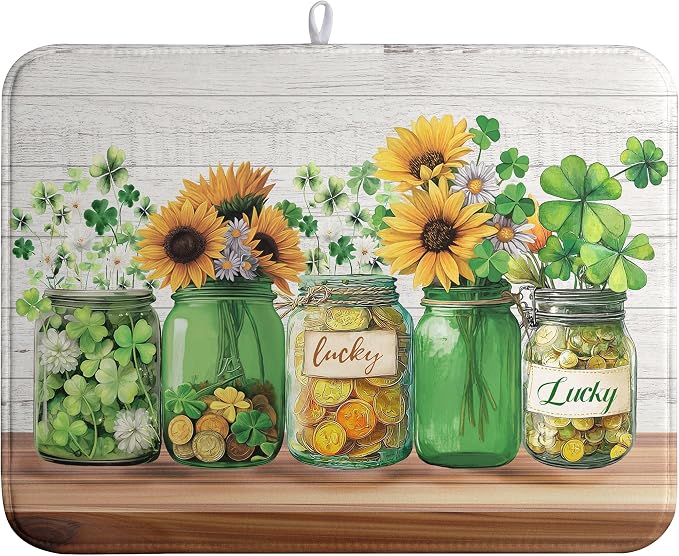 St Patricks Day Shamrock Dish Drying Mats St Patrick's Day Spring Dish Mat Sunflowers Drying Matt Dishes Dryer Pad for Kitchen Counter Absorbent Microfiber Washable Foldable Reusable 18x24 in