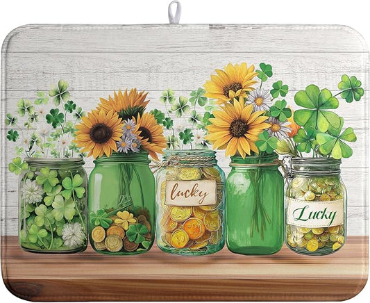 St Patricks Day Shamrock Dish Drying Mats St Patrick's Day Spring Dish Mat Sunflowers Drying Matt Dishes Dryer Pad for Kitchen Counter Absorbent Microfiber Washable Foldable Reusable 18x24 in