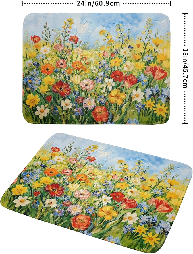 Spring Summer Floral Dish Drying Mat for Kitchen Counter 18x24 Green Yellow Blue Flower Wildflower Print Absorbent Reversible Microfiber Drying Mats Kitchen Countertop Protector Dishes Drainer Pad