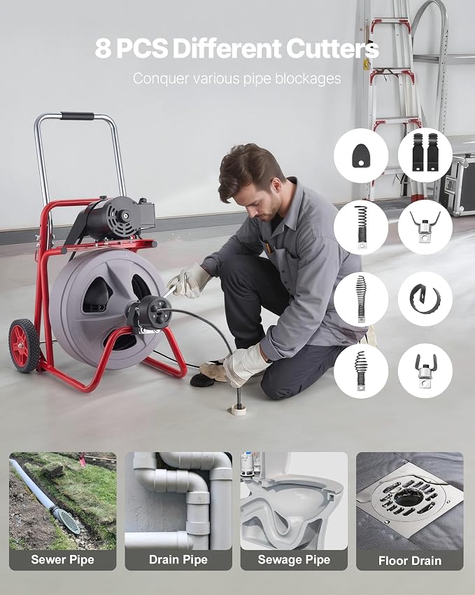 VEVOR Drain Cleaner Machine 75 FT x 1/2 Inch, Auto Feed Sewer Snake Drain Auger on Wheels, Portable Drain Cleaning Machine with 8 Cutters & Air-Activated Foot Switch for 2" to 6" Pipes