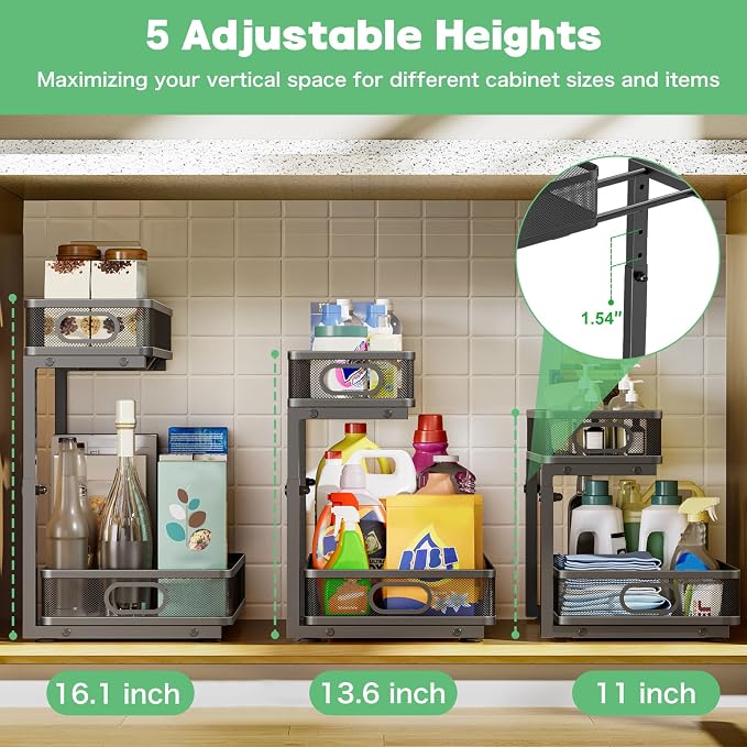 Under Sink Organizer 2 Pack, High Adjustable 2 Tier Under Sink Organizers and Storage, Slide out Metal Cabinet Organizers, Pull out Storage Drawer Shelf for Kitchen Bathroom Cabinet (Black)