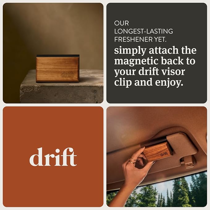 Drift Car Air Freshener - The Original Wood Air Freshener - Car Odor Eliminator - Long Lasting Scent - Auto Accessories - Metal Clip - Essential Oils - Frosted Spruce Scent Starter Kit