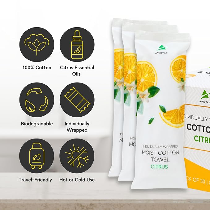 30 Hot or Cold Wrapped Moist Towels –9'' x 9" Moist Towelettes Individually Wrapped Scented Disposable Face & Hand –Pre-Moistened Hand Wipes Soft Refreshing, Travel, Spa, Restaurant- Citrus/Lemon