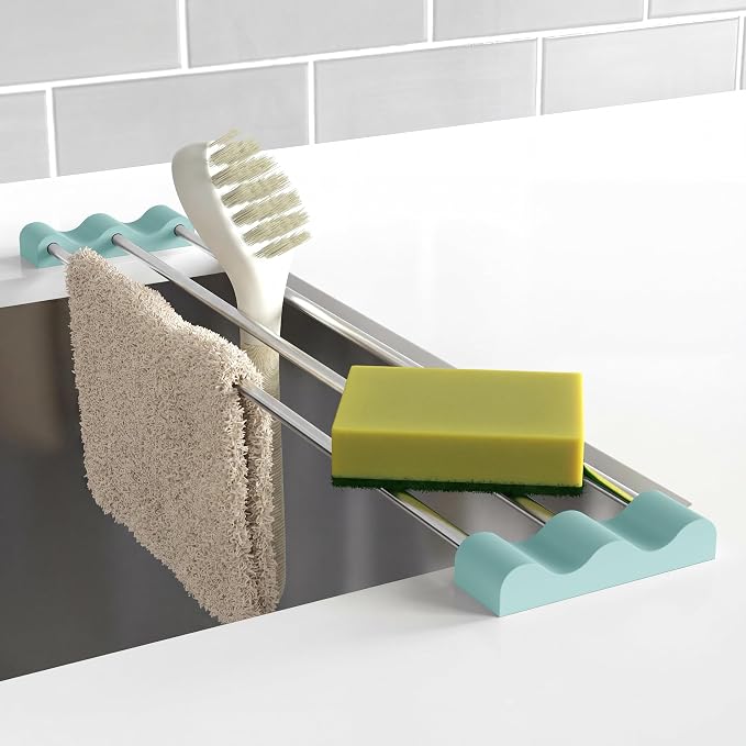 Extendable Over Sink Drying Rack, 3-Bar Telescopic Sink Dish Rack, SUS304 Stainless Steel with Light Cyan Silicone Ends, 10.24-20.47 in Adjustable, 16.5 lb Heat Resistant 428°F, Dishwasher Safe