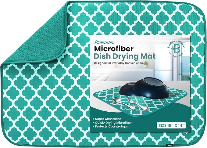 Dish Drying Mat for Kitchen Counter, Large 18 x 14 Absorbent Microfiber Pad | Machine Washable Quick Dry Kitchen Mat, Reversible Under Dish Rack Pad, Counter Protector for Dishes Pots Pans, Coffee Bar