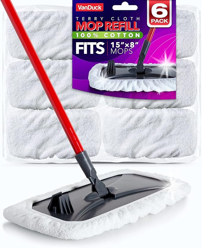 VanDuck 100% Cotton Terry Mop Pads 15x8 Inches, 6-Pack (Mop Not Included) | Reusable terry cloth mop covers, cotton replacement pads, floor cleaning refills, machine washable