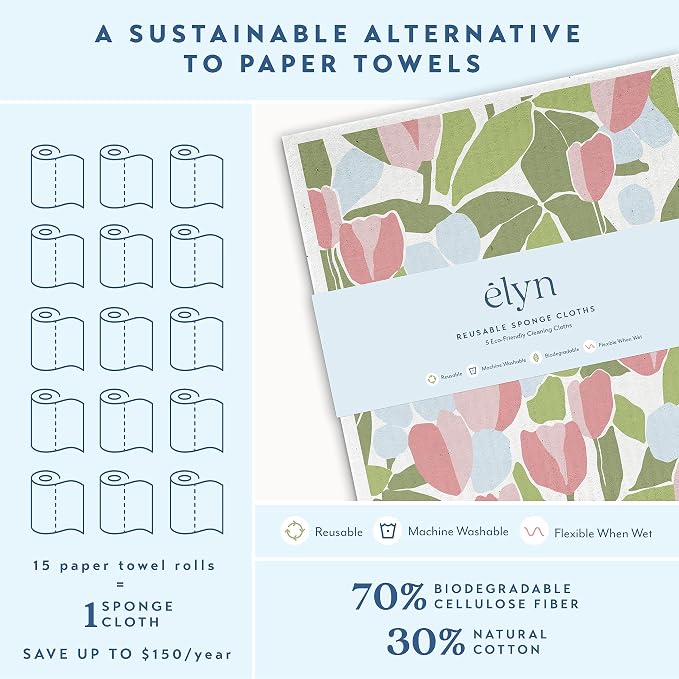ELYN Swedish Dishcloths, Reusable & Washable Sponge Cloths, Absorbent Cleaning Paper Towels for Kitchen, Dishes, Counters and More, 5 Pack, Assorted Geo & Floral Pattern