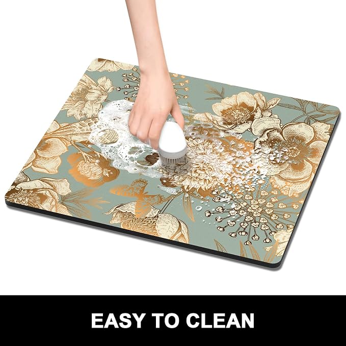 Rnivvi Dish Drying Mat for Kitchen Counter, 16 x 18" Cute Flower Theme Absorbent Heat Resistant Drying Pad with Non-slip Rubber, Coffee Bar Mats for Dish Rack Kitchen Decor Accessories, Green