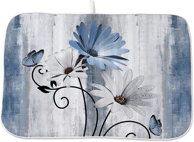 Floral Dish Drying Mat 18x24 Inches For Kitchen Counter Blue Daisy Flower Kitchen Decoration Drying Mat Modern Decorative Drying Pad For Home Kitchen Decor,Dining Room,Office Decor