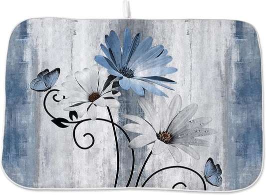 Floral Dish Drying Mat 18x24 Inches For Kitchen Counter Blue Daisy Flower Kitchen Decoration Drying Mat Modern Decorative Drying Pad For Home Kitchen Decor,Dining Room,Office Decor
