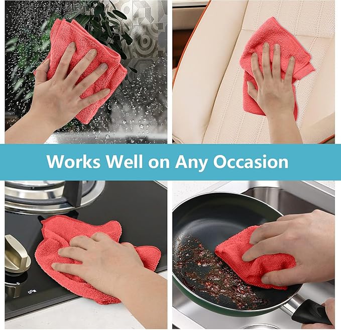 HOMEXCEL 100PK Microfiber Cleaning Cloth, Cleaning Rag for Home, 11.5x11.5 | Reusable, Lint Free, Scratch-Free and Highly Absorbent Towels for Kitchen, Window and Glass, Cars, Red