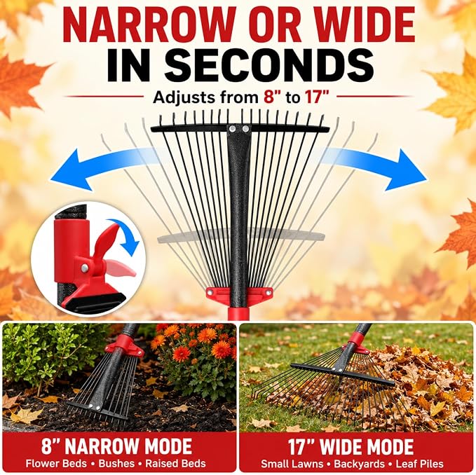 Collapsible Garden Rake, 8"-17" Expandable Metal Leaf Rake with 70" Long Handle, Lightweight Yard Rake for Leaves, Pine Needles, Flower Beds, Shrubs, Small Lawns and RV Camping