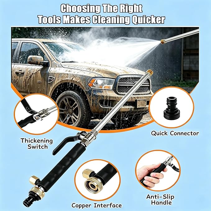 2026 Upgraded Jet Nozzle Power Washer for Garden Hose Cleaning Wand Set | with 3 Interchangeable Nozzles for Car Washing, Patio Lawn Garden Outdoor Cleaning，Dark Black