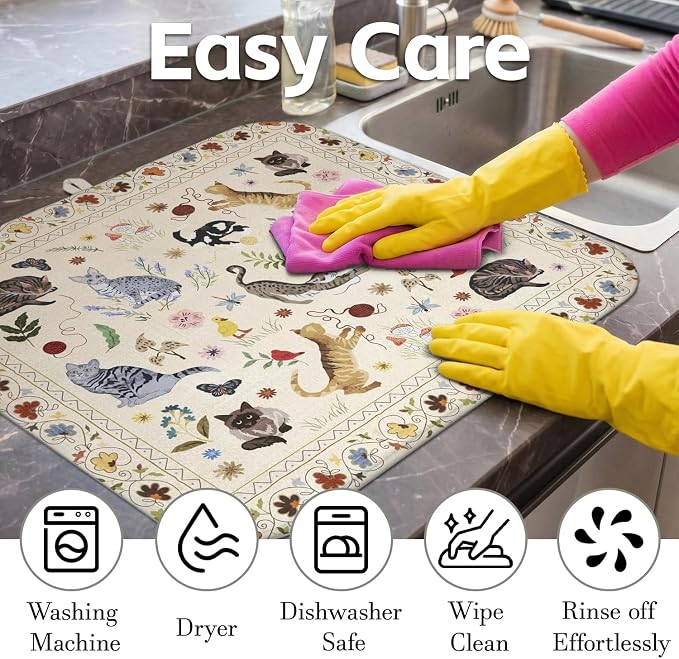 Boho Dish Drying Mat for Kitchen Counter,Flower Floral Animal Cat Farmhouse Absorbent Microfiber Reusable Washable Non-Slip Dish Drainer Draining Mats Dishes Pad for Kitchen Decor 18x16 Inch