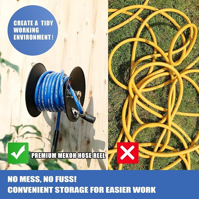 MEKOH Pressure Washer Hose Reel 50ftx3/8” / 65ftx1/4”, 4000PSI Heavy Duty Power Washer Hose Reel with M22-14 Fitting, Hand Crank Metal Reel with Wall/Trailer/Van Mount, Manual Hose Reel for Water