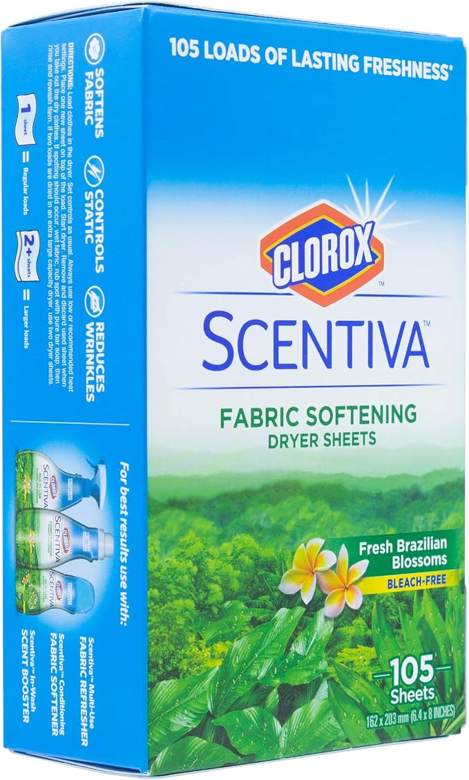 Clorox Scentiva Fabric Softener Dryer Sheets, Fresh Brazilian Blossoms Scent - Wrinkle Reducing Scented Softening Laundry Dryer Sheets for Great Smelling Clothes, 105 Count