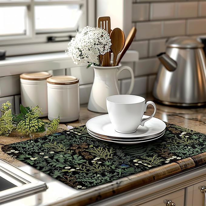 Black Sage Green Plant Dish Drying Mat for Kitchen Counter Vintage Botanic Fern Leaves Floral Dish Drainer Mats Absorbent Microfiber Dishes Pad Reusable Washable Large Dish Draining Mat 18x24 Inch