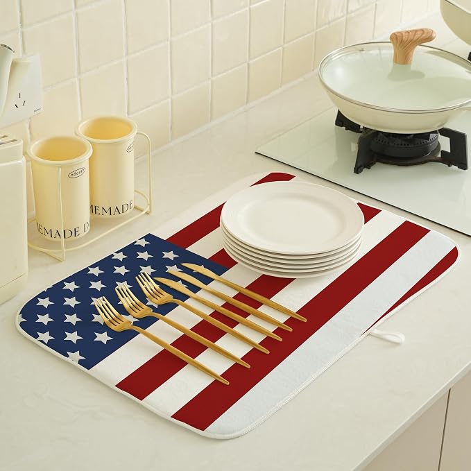 Memorial Day Dish Drying Mats 18x24 Independence Day Red American Flag Striped Star Drying Mats Patriotic Outdoor Decoration Absorbent 4th Of July Drying Pad for Counter Kitchen Dining Room
