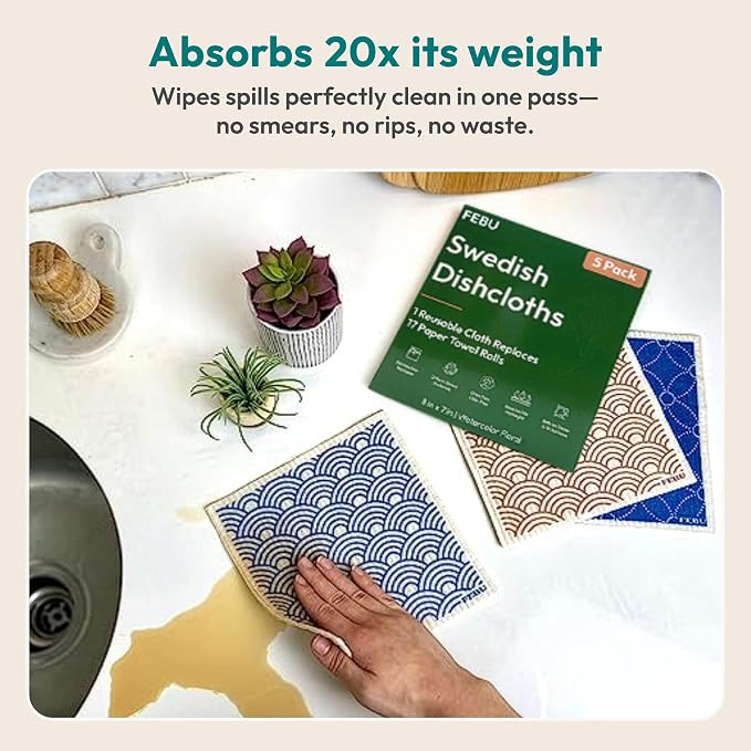 FEBU Swedish Dishcloths for Kitchen | 5 Pack Stamps Reusable Paper Towels Washable | Swedish Dish Towels | Non-Scratch Cellulose Sponge Cloths | No Odor, Biodegradable Cleaning Cloths