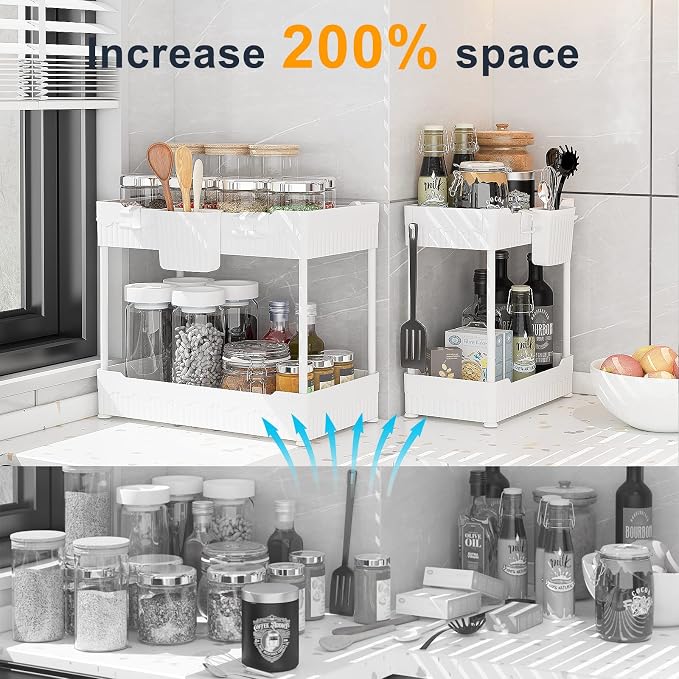 Sevenblue 2 Pack Under Sink Organizer, Under Bathroom Cabinet Organizer with Hooks Hanging Cup, Multi-Purpose Storage Shelf for Kitchen Bathroom (White, 12.8 Inch)