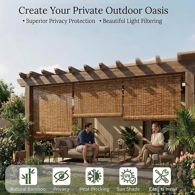 Bamboo Blinds Outdoor, Breathable Bamboo Roller Shades for Outside Patio, 36" 48" 60" 64" 72" 78" Width Privacy Sun Shade, Cordless Bamboo Roll Up Shades for Porch Backyard(42" W x 72" H)